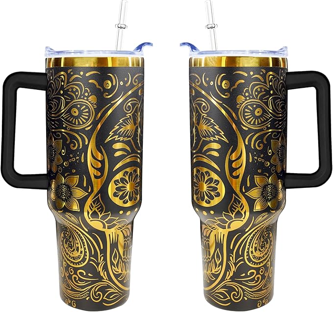 Goth 40 oz Skull Laser Engraving Tumbler With Handle With Lid Straw Double Insulated Travel Coffee Cup Skull Travel Accessories Must Have Gifts For Women