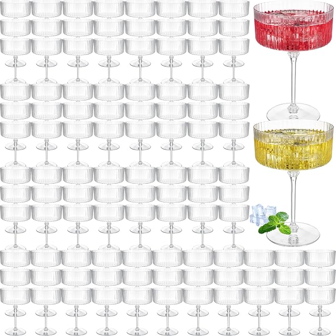 Jingmore 100 Pcs Ribbed Martini Glasses 10 oz Disposable Plastic Vintage Ribbed Coupe Glasses Unbreakable Dessert Parfait Glassware for Wedding Birthday Party Supplies (Clear) by Jingmore