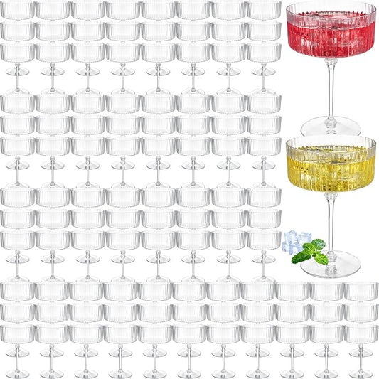 Jingmore 100 Pcs Ribbed Martini Glasses 10 oz Disposable Plastic Vintage Ribbed Coupe Glasses Unbreakable Dessert Parfait Glassware for Wedding Birthday Party Supplies (Clear) by Jingmore