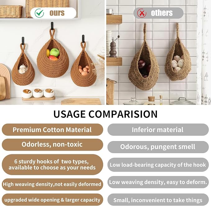 Boho Wall Hanging Fruit Baskets for Kitchen 3 Pack Woven Produce Holder with 6 Pcs Strong Hooks Vegetable Hanging Basket for Organizing Teardrop Home Wall Potato Onion Storage, Caramel - Image 3