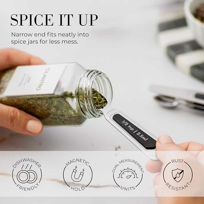 Styled Settings Stainless Steel Magnetic Measuring Spoons Set, 8-Piece | BPA-free, Stackable, Double Sided Measuring Spoons with Leveler for Dry and Liquid Ingredient - Fits in Spice Jars - Image 4