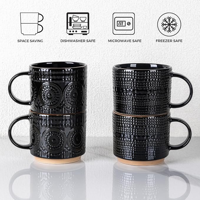 GBhome 12OZ Stackable Coffee Mugs, Ceramic Coffee Mugs with Texture Patterns for Man,Woman,Dad,Mom, Modern Coffee Mugs Set of 4 for Latte/Cappuccino/Cocoa. Dishwasher&Microwave Safe - Image 7