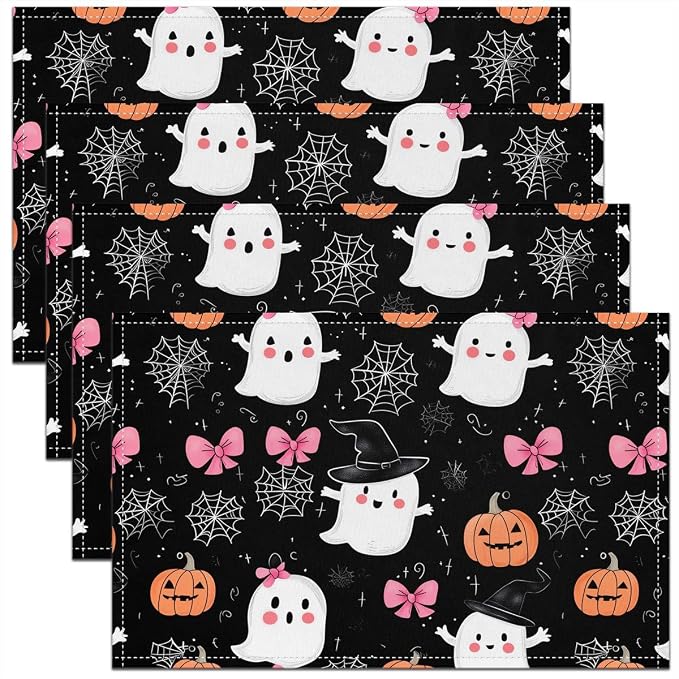 Feelyou Happy Halloween Placemats Set of 4 Cute Ghost Bow Table Mats Pink White Orange Place Mat for Kitchen Dining Table Party Decor Indoor Outdoor 18"x12" Non-Slip Easy to Clean Pumpkin Cobweb by Feelyou