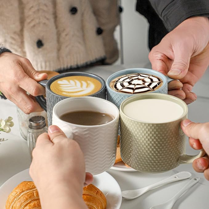 HASENSE Coffee Mugs 12 OZ Ceramic Cups Set of 4, Stackable Embossed Coffee Cups with Rack, Porcelain Coffee Cups for Latte, Cappuccino, Mocha, Cocoa, Americano, Hot Tea and Milk, Multi Color - Image 5