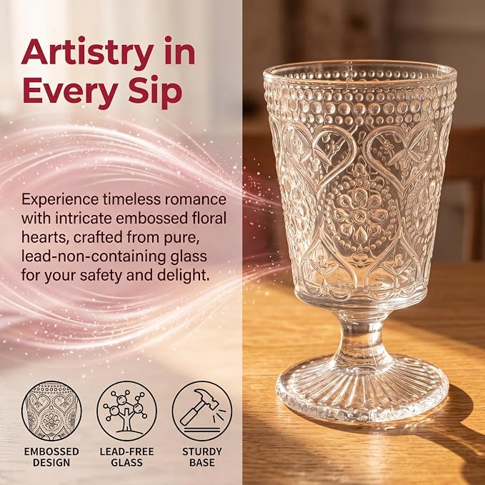 ZAVOOS Set of 6 Clear Glass Goblet, 12 Oz Vintage Romantic Wine Glasses | Embossed Floral Glass Cups Set, Bar Tumbler Drinking Glassware for Iced Tea, Wine, Beer, Juice, Cocktail, Whiskey - Image 4