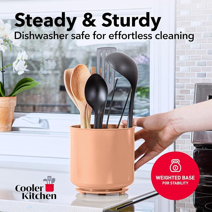 Cooler Kitchen Jumbo Rotating XL Peach Plastic Utensil Holder Caddy with Sturdy No-Tip Weighted Base, Removable Divider, and Gripped Insert - Dishwasher Safe Kitchen Utensil Holder for Countertop - Image 4