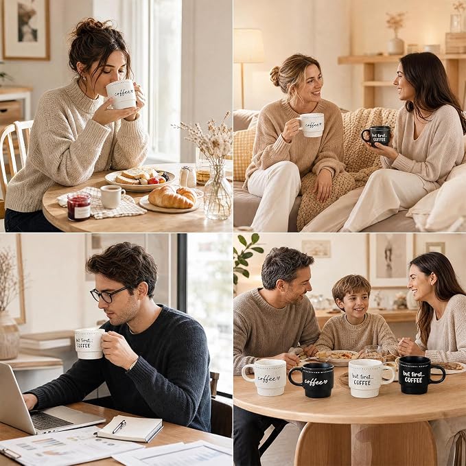 10oz Stackable Coffee Mugs Set of 4, Modern Ceramic Coffee Mug | Coffee Cup for Man, Woman, Dad, Coffee Mug Set for Hot Drinks, Coffee, Cocoa & Tea, Latte Mugs Cup Set for Home & Office Use - Image 6