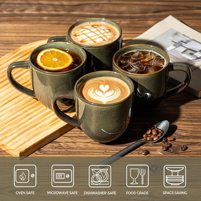 theterra Ceramic Coffee Mugs Set of 6, 12 oz Coffee Cups with Handle | Handmade, Suitable for Latte, Tea, Milk, Beer & Hot Cocoa, Olive Green - Image 4