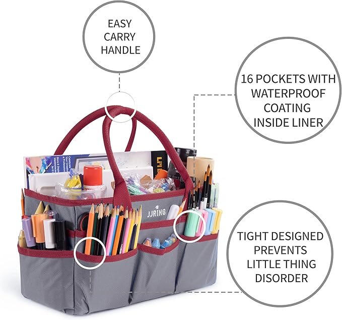 JJRING Craft and Art Tote - 600D Grey Nylon Fabric Art Sewing Organizer Bag with Pockets - for Craft, Scrapbooking, Medical, and Office Supplies Storage