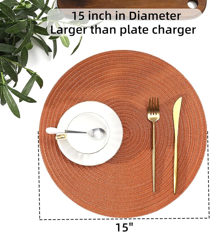 SHACOS Round Placemats Set of 4 for Dining Table 15 inch Round Braided Fall Placemats Washable Kitchen Table Mats Home Decor, Dark Orange - Image 6
