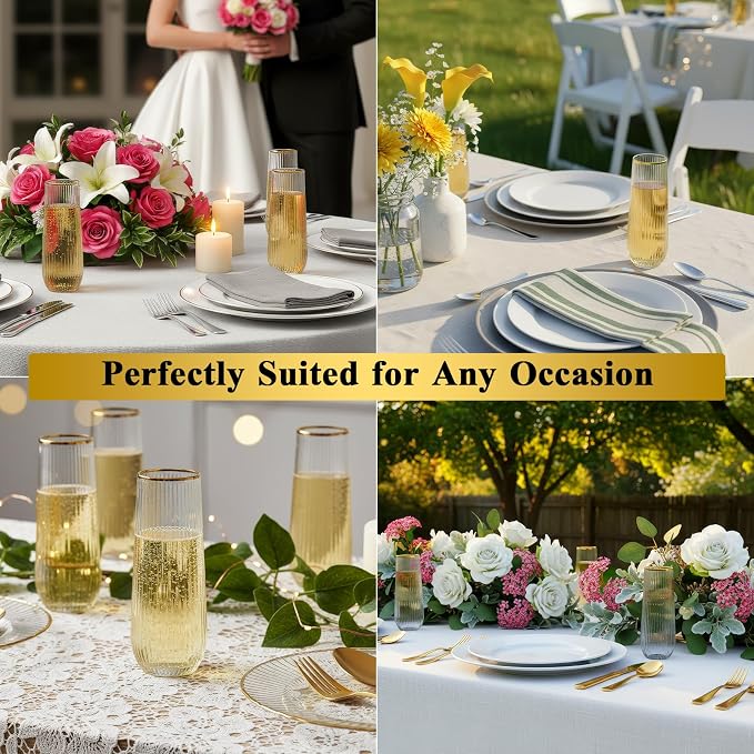 Goodluck 24pack 9oz Clear Stemless Plastic Champagne Flutes with Gold Rim | Ribbed Stemless Toasting Glasses，Champagne Flutes Plastic for Weddings, Bars, Events, Party And Celebrations - Image 6
