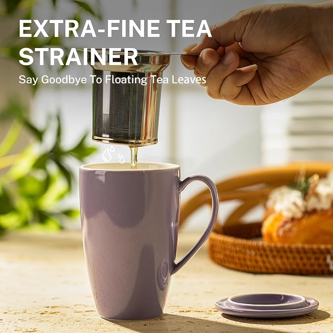 Sweese 15 OZ Porcelain Tea Mug with Infuser and Lid, Loose Leaf Tea Cup, Gifts for Tea Lover, Purple - Image 4