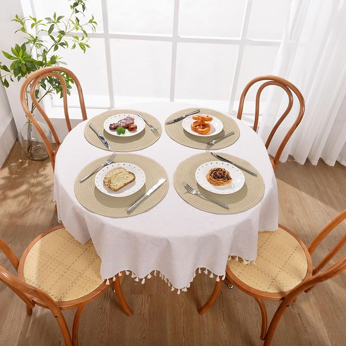 SHACOS 15 inch Round Braided Placemats Set of 4 Cotton Polyester Place Mats Washable Kitchen Dining Table Mats for Dinner Party Table Decor (Light Beige, 4) - Image 8