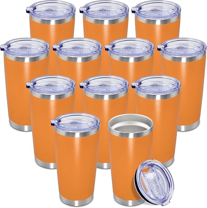 20oz Tumbler Insulated Coffee Tumblers with Lid Stainless Steel Orange 12P | 20 oz Tumblers Double Wall Insulated Vacuum 20oz Coffee Mug Leak Proof Tumblers with Lid Powder Coated - Orange 12 Pack by AEPDTD