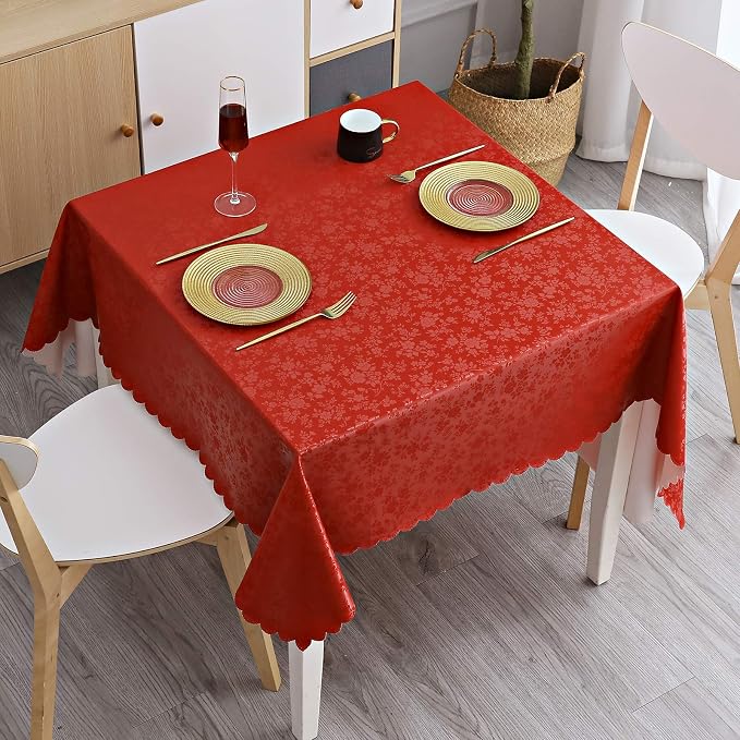 Smiry Round Waterproof Heavy Duty Vinyl Tablecloths, 60 x 60 Inch | Wipeable Washable Floral Embossed Table Cover for Kitchen and Dining Room, Indoor & Outdoor Use, Red by Smiry