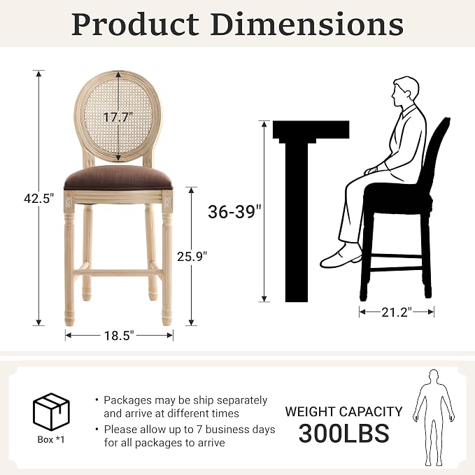 French Country Barstool, Linen Farmhouse Counter Height Chair | Set of 2, with Rattan Round Back and Solid Wood Legs, Oval Chairs for Restaurant, Bar, Kitchen, Café, Brown - Image 3