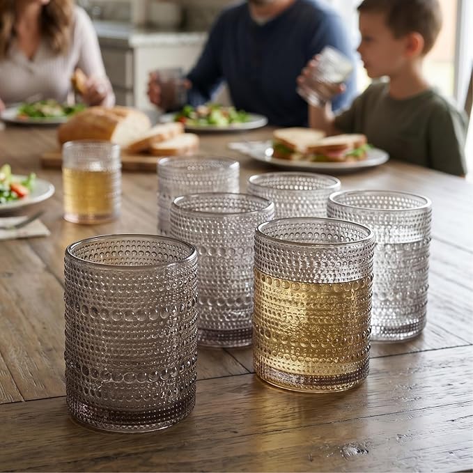 Khen Beaded Tumbler Drinking Glasses Set | Set of 6 | Vintage Hobnail 11 OZ Bubble Design Whiskey Glassware, Old-Fashioned, Embossed Design Glass for Water, Wine, Cocktail HAND WASH ONLY (Grey) - Image 6