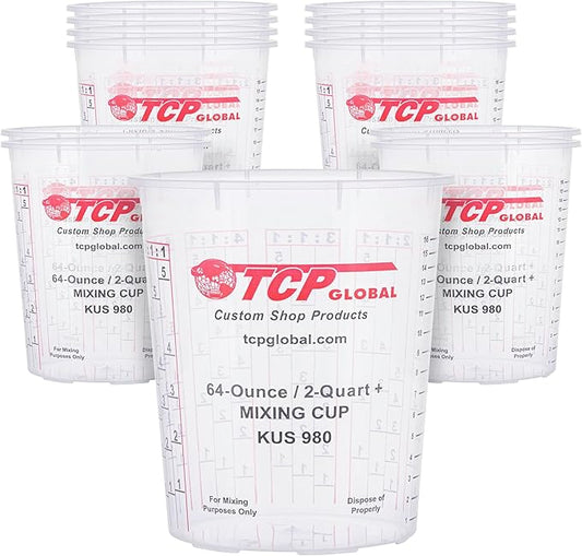 Custom Shop Paint Mixing Cups, 64-Ounce (12 Pack) - Plastic Measuring Cups for Liquids, Automotive Painting, Epoxy Resin, Acrylic Arts, Crafts, Disposable or Reusable, Graduated, Mixing Ratios