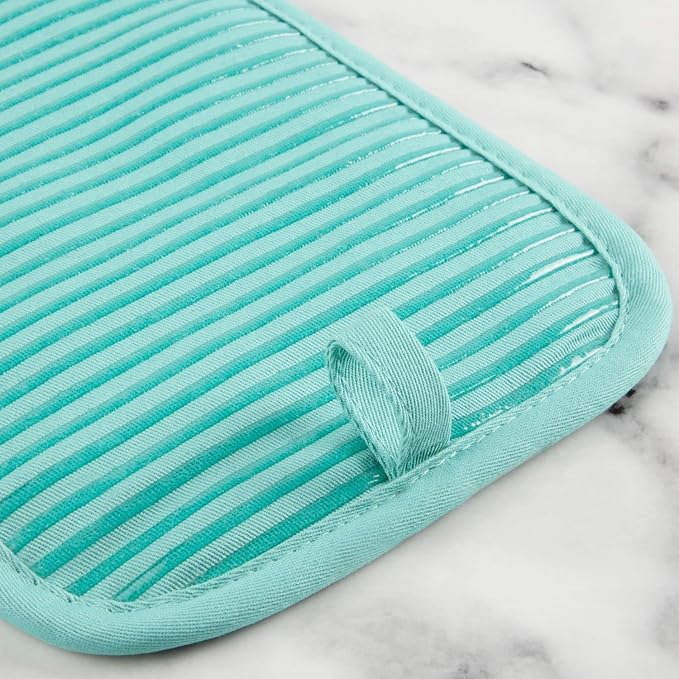 KITCHENAID Quilted Cotton Terry Cloth Oven Mitt, Pot Holder, Kitchen Towel 4-Pack Set, Heat Resistant, Silicone Grip, 16"x26", 7"x13" & 7"x10", Aqua Sky - Image 6