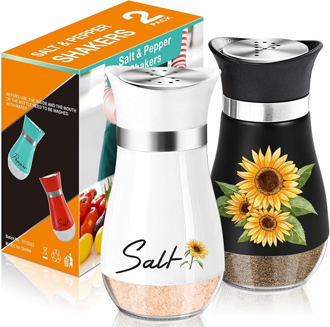 Sunflower Salt and Pepper Shakers - 4 oz Black and White Farmhouse Set | Sunflower Design Adds Farmhouse Charm to Kitchen Tables and Holiday Decor for Housewarming, Thanksgiving and Christmas. by ARROZON