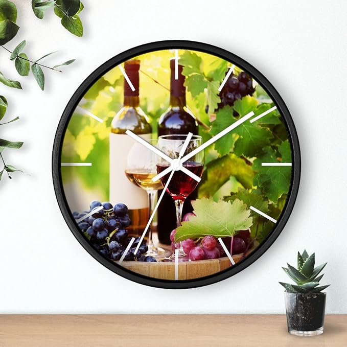 Mozingo ~ Wine Clock for Kitchen Bar Wall It's Wine O'clock Silent Time Gift Home Decor Made In USA, 10" (Hour Marks - Lines, Clock Frame Color - Black, Wine Theme #03) - Image 3