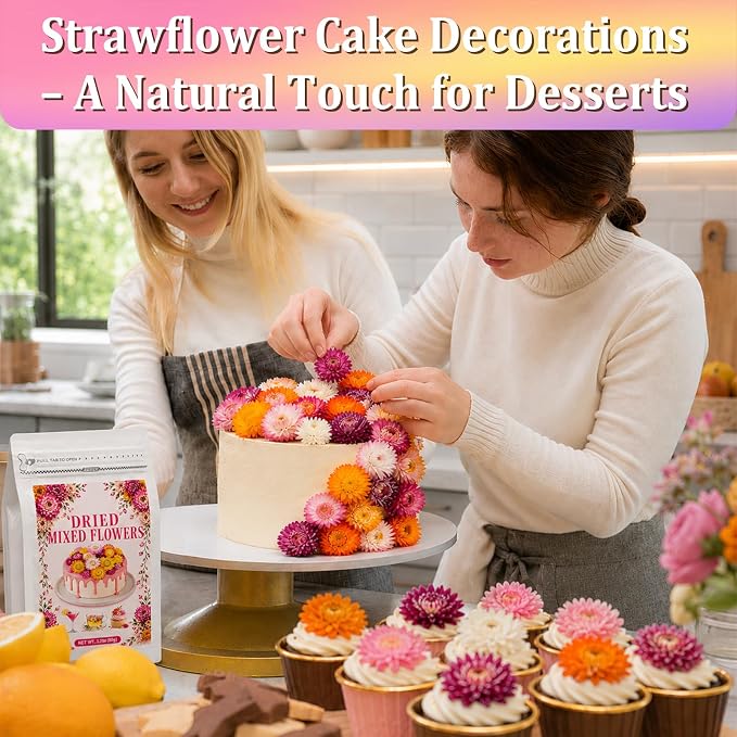130+ Edible Dried Mixed Flowers for Cake Decorations - Food Grade Natural Color Strawflower, Dried Flower for Drink Toppers, Cocktail Garnish, Cupcakes & DIY Crafts - Image 5
