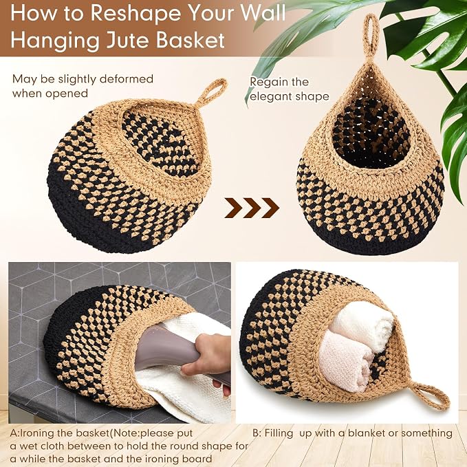Honeydak Boho Decor Hanging Wall Baskets for Kitchen 3 Pack Teardrop Baskets with Hooks Storage Fruit Onion Vegetable Potato for Home 3 Sizes(Linen with Black,Teardrop,Cotton Rope) - Image 4