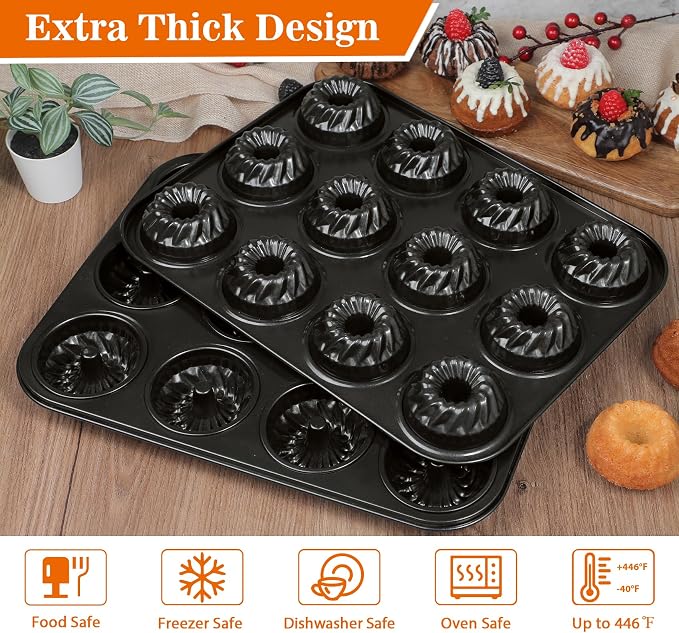 Webake 2 Pack Mini Fluted Tube Cake Pan, Non-Stick 2.8 Inch Cake Pans, Heavy Gauge Carbon Steel 12-Cavity - Image 4