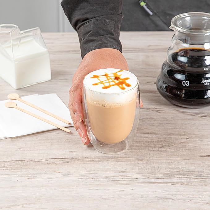 Restaurantware-Forma Professional 11.8 Ounce Double Wall Coffee Cups, 2 Insulated Latte Glasses - Dishwashable, Reusable, Clear Glass Beverage Cups, Freezable, For Hot Or Cold Beverages