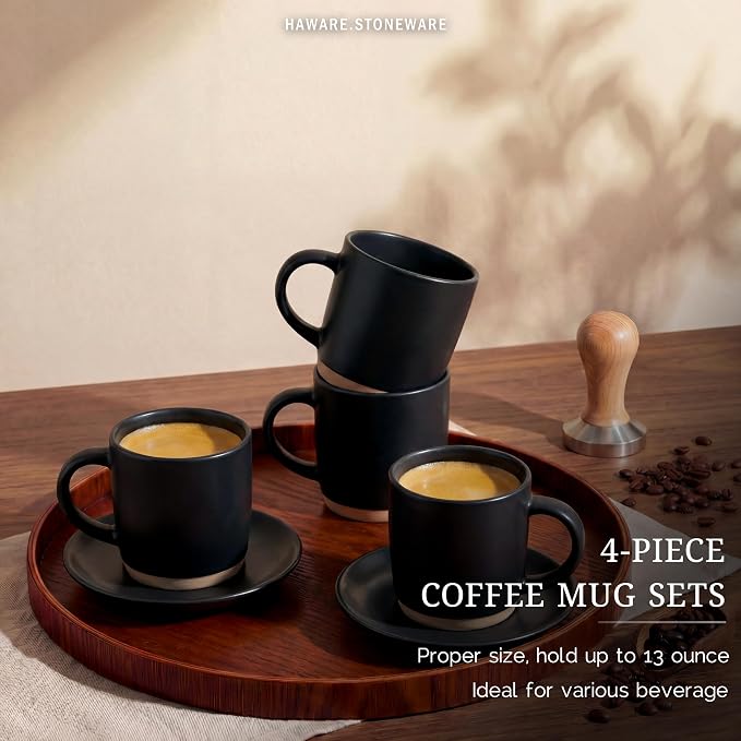 HaWare 13OZ Coffee Mugs Set of 4, Stoneware Coffee Cups, Ceramic Latte Mug for Man, Woman, Dad, Mom, Modern Tea Mugs for Latte/Cappuccino/Cocoa/Milk, Dishwasher& Microwave Safe, Frosting Black - Image 3