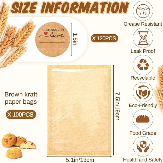 Outus 100 Pcs Cookie Packaging Bags with Seal, 5.1 x 7.5 Inch Bakery Pastry Bags with Window, Heat Sealable Grease Resistant Paper to Go Bake Sleeves for Gift Giving Donut Bread Sandwich (Brown) - Image 2