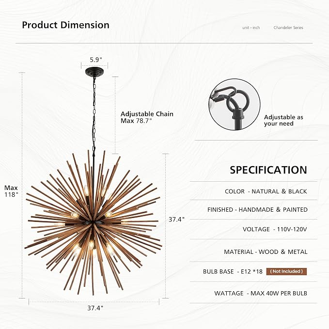 37.4" Farmhouse Sputnik Chandelier for Dining Room Rustic Handmade Natural Wood 18-Light Hanging Ceiling Pendant Light Fixture Starburst Wood Chandeliers for Kitchen Bedroom Foyer Hallway - Image 2