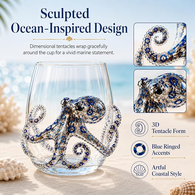 Artisanal Blue Ringed Octopus Glassware, 12oz Artisan Stemless Wine Glass (G1PC) - Image 5