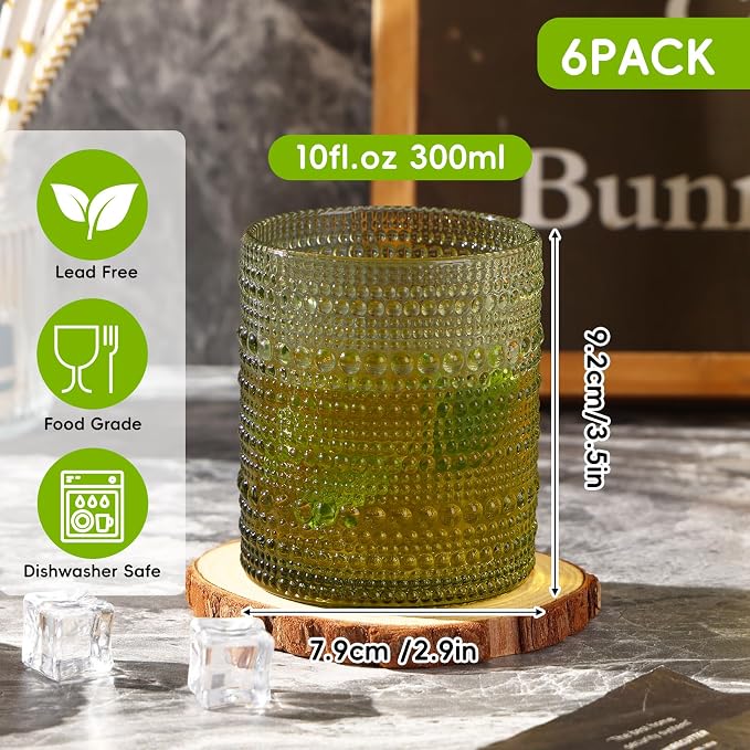 Moretoes 10oz Green Hobnail Drinking Glasses Set of 6 Cocktail Glasses | Vintage Old Fashion Glassware, Textured Glass Cups Bubble Glasses Water Glasses Jupiter Glasses Set - Image 3