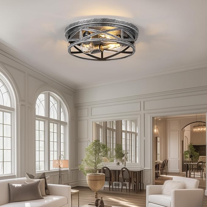 Close to Ceiling Light Fixtures, 3-Lights Cage Flush Mount Ceiling Light, Black and Silver Farmhouse Metal Semi Flush Mount Ceiling Light for House Hallway Kitchen Bedroom, 2 Pack - Image 5