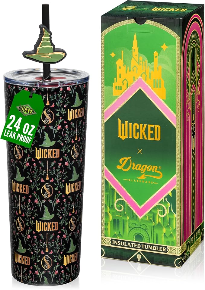 Dragon Glassware x Wicked Stainless Steel Tumbler, 24 oz - Enchanted | Vacuum Insulated Wicked Cup with Lid & Straw For Water & Iced Tea; With Straw Charm; Official Wicked Merch by DragonGlassware
