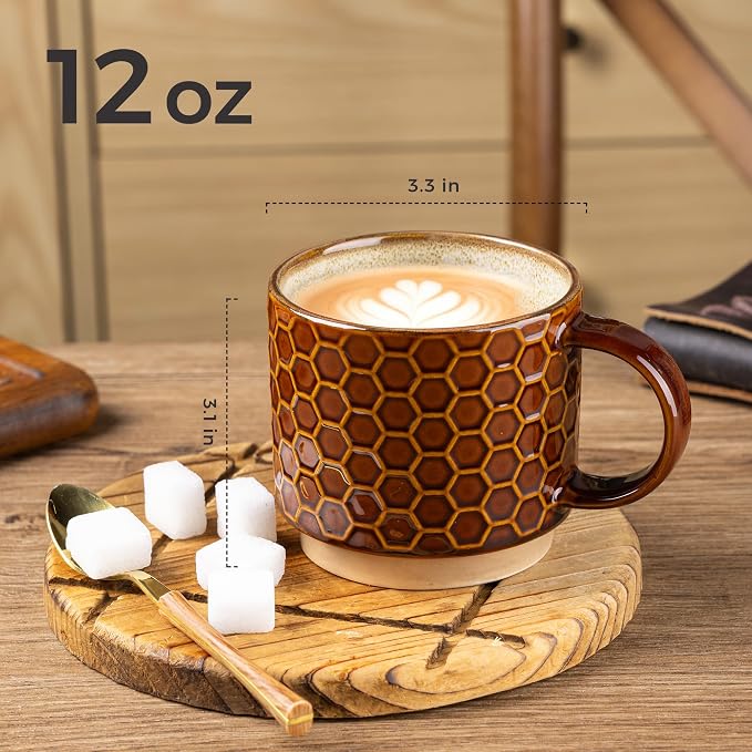 GBhome 12 OZ Stackable Coffee Mugs Set of 4, Ceramic Coffee Cups Set | 4 Assorted Designs, Embossed Mugs with Texture Patterns for Tea/Coffee, Dishwasher&Microwave Safe, Caramel - Image 2
