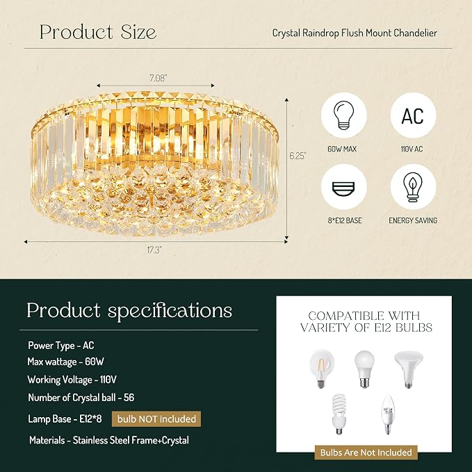 17.3" Gold K9 Crystal Raindrop Flush Mount Ceiling Light, Modern Chandelier, Round Luxury Light Fixture for Dining Room, Bedroom, Hallway, Kitchen Island & Living Room - Image 2