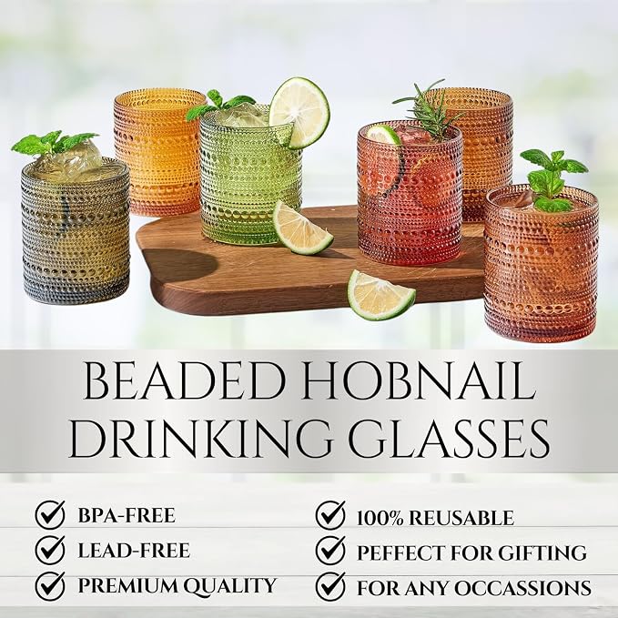 Shades of Summer Set of 6 Luxury Hobnail Drinking Glasses - 11oz Jewel-Toned Vintage Beaded Highball Tumblers - Textured Bubble Glassware Drinks Cocktails & Wine Elegant Boho Home Bar & Dining Décor - Image 3