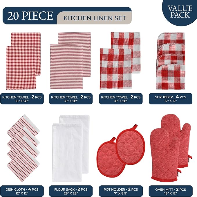 LANE LINEN Cotton Kitchen Towels and Dishcloths 20 Pack - Large Dish Towels Set for Holiday Hosting, Fast Drying Dish Rags, Flour Sack Towels, Versatile Scrubbers & Oven Mitts with Pot Holders - Red - Image 2