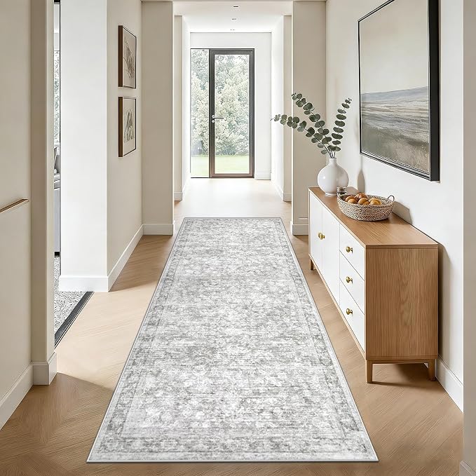 2x8 Hallway Runner Rug: Washable Vintage Floral Entryway Rugs Low Pile Non-Slip Boho Carpet for Kitchen, Bedroom, Bathroom, Dining Room (Grey, 2'x8') by LOSBULAKE