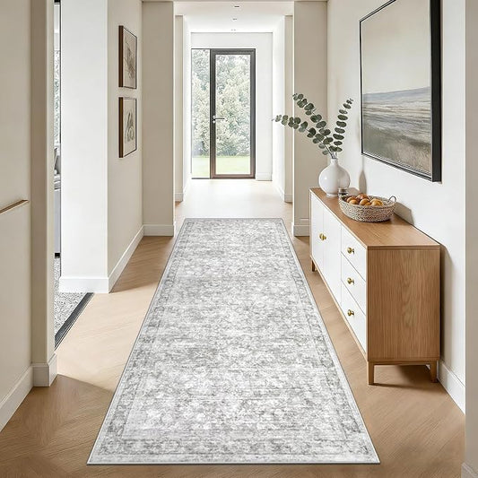 2x8 Hallway Runner Rug: Washable Vintage Floral Entryway Rugs Low Pile Non-Slip Boho Carpet for Kitchen, Bedroom, Bathroom, Dining Room (Grey, 2'x8') by LOSBULAKE