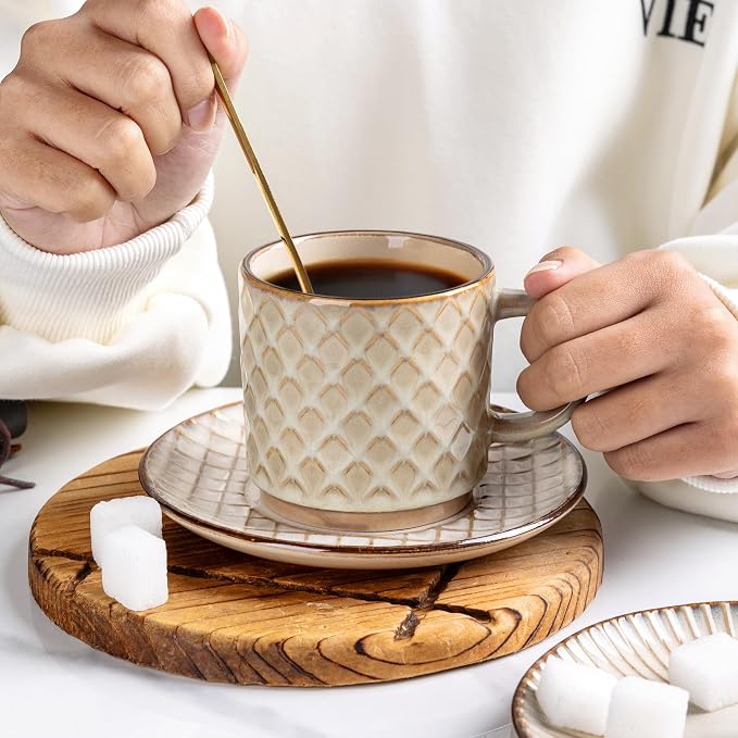 GBhome 8 OZ Stackable Coffee Mugs Set of 4, Ceramic Coffee Cups Set | 4 Assorted Designs, Embossed Mugs with Texture Patterns for Espresso/Tea, Dishwasher&Microwave Safe, Khaki - Image 4