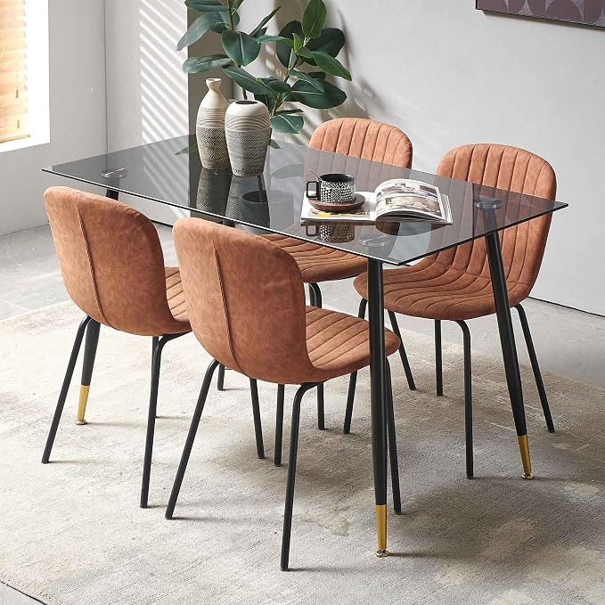 Dining Chairs Set of 4, Modern Mid Century Faux Leather Dining Room Chairs with Black Metal Legs, Comfortable Armless Side Kitchen Chair for Home, Living Room, Bedroom, Restaurant, Brown - Image 8