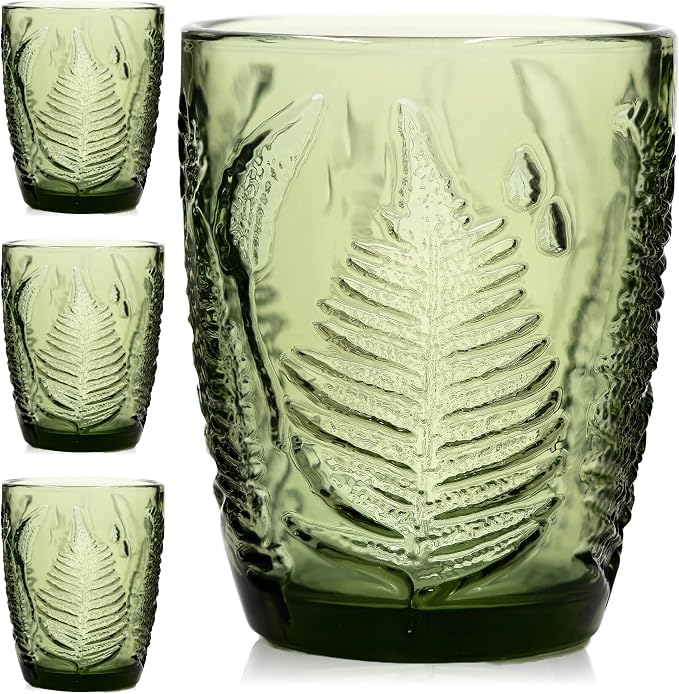 Green Drinking Glasses Set of 4, 10 oz Glass Cups, Vintage Fern Glassware | Hand-Pressed, Dishwasher Safe, Boho Leaf-Textured Drinkware, Embossed Lowball Tumblers for Water, Retro Kitchen Gift by QELVIO