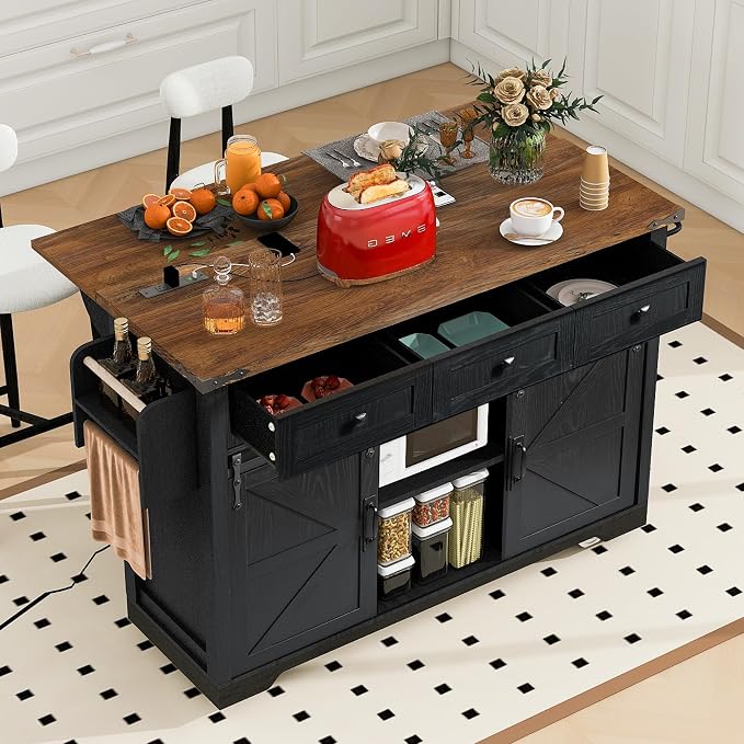 Farmhouse Kitchen Island on Wheels with Drop Leaf & Power Outlet, 53.7-Inch Rolling Storage Island Cart Breakfast Bar with Drawers, Sliding Barn Door Cabinets, Spice Rack (Black) - Image 9