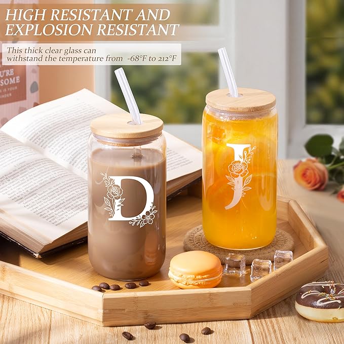 Personalized Gifts for Women, Monogrammed Gifts for Women, Initial 16 oz Glass Cups With Lids and Straws, Customized Mug, Personalized Birthday Gifts Christmas Gifts for Her Mom Friend Woman, D