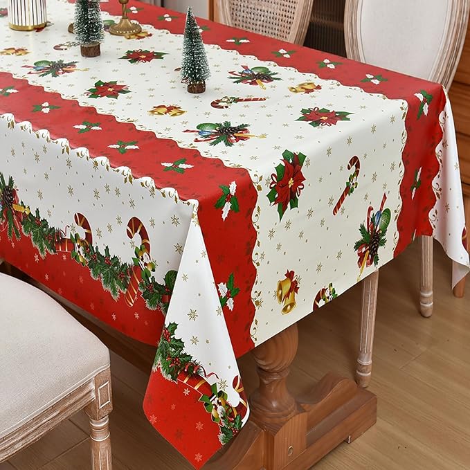 Christmas Tablecloth Heavy Duty Vinyl Red 54x84 inch Square Christmas Table Cloth Reusable Waterproof Foldable Plastic Tablecloths PVC Xmas Table Cover for New Year Party Decor by Yofori