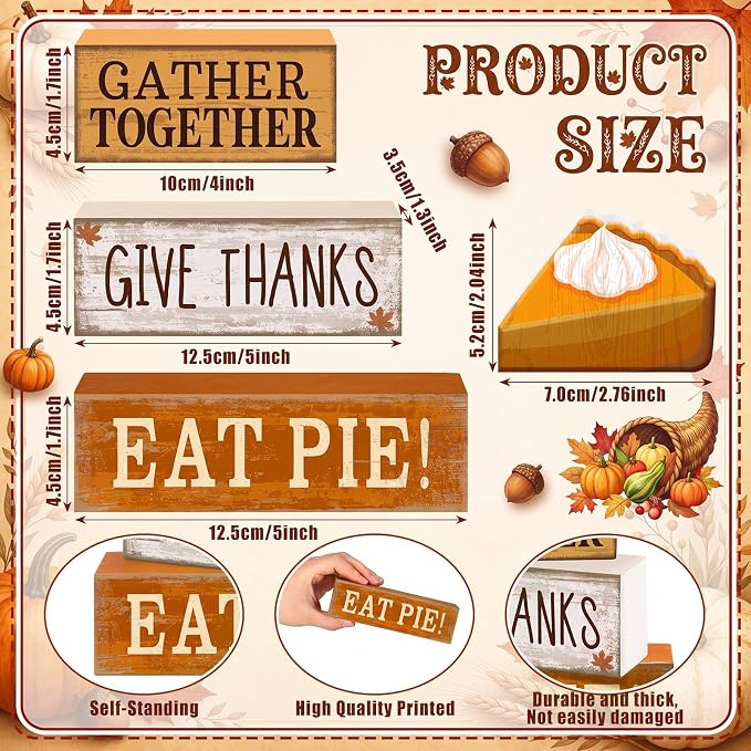 Moucuny 4 Pcs Fall Coffee Table Decor Fall Decoration for Home Wooden Stacked Block with Pie Topper Rustic Thanksgiving Tiered Tray Decor for Autumn Harvest Party Home Kitchen Coffee Bar - Image 2