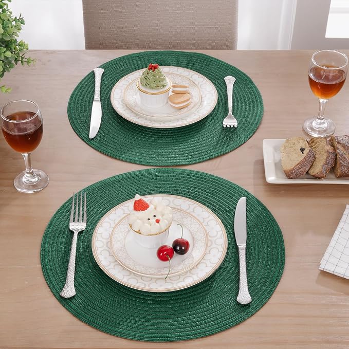 SHACOS Dark Green Round Placemats Set of 6 Cotton Polyester Braided 15 inch Washable Kitchen Dining Table Place Mats Christmas Table Mats for Home Wedding Party Decor - Image 7